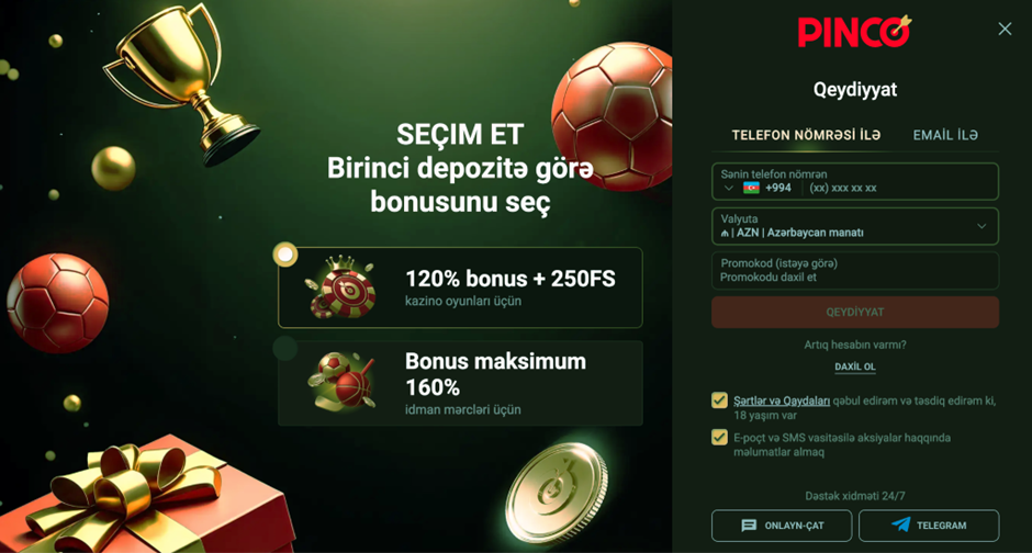 Pinco Casino AZ qeydiyyatı — birinci depozit üçün 120% bonus və 250 pulsuz fırlanma seçimi